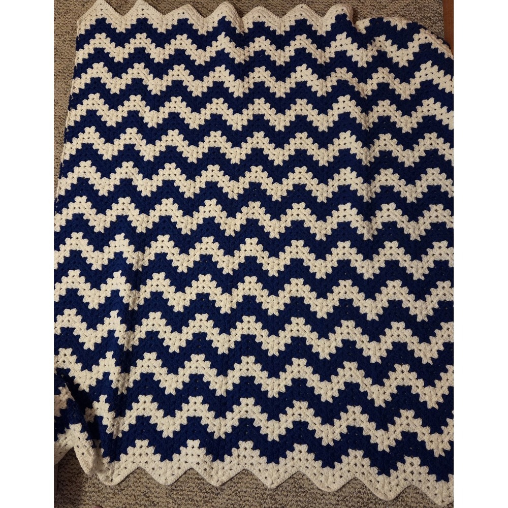 VTG Handmade Crochet Afghan Blanket Blue White Chevron Zig Zag 44x50